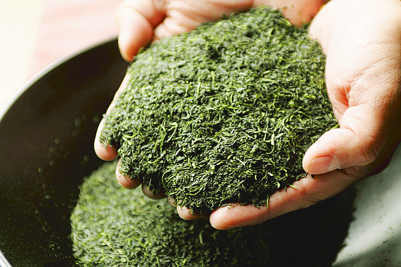 そのぎ茶の茶葉を両手いっぱい持っている