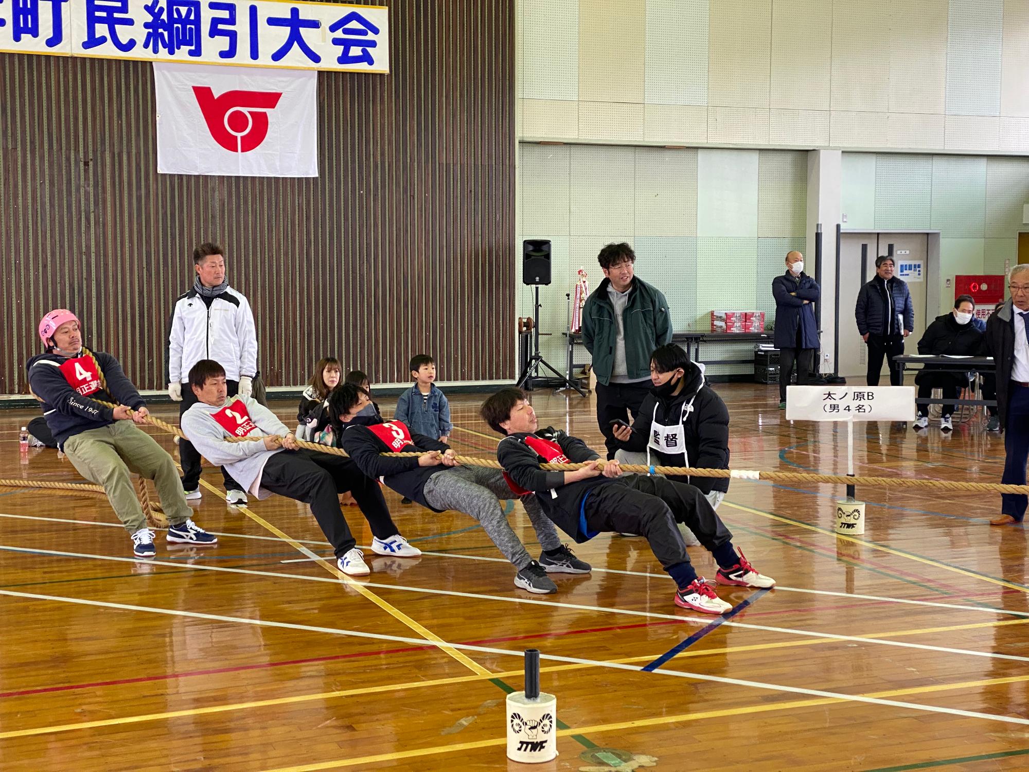 4人の男の人が力を合わせて綱を引いている