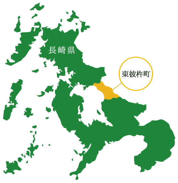 東彼杵町の位置を示した地図。長崎県の中東部に位置する。